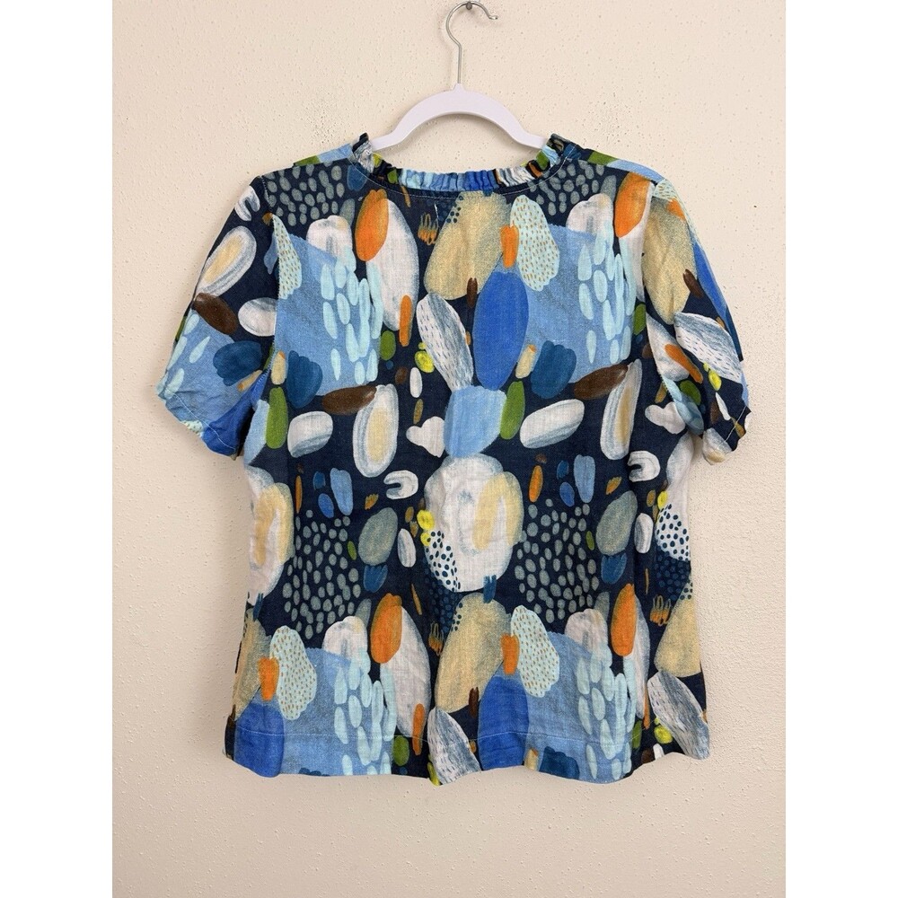 Spanner Linen Top Sz S Lagenlook Made In Italy Blue Print Short Sleeve Ruffles - Picture 4 of 6